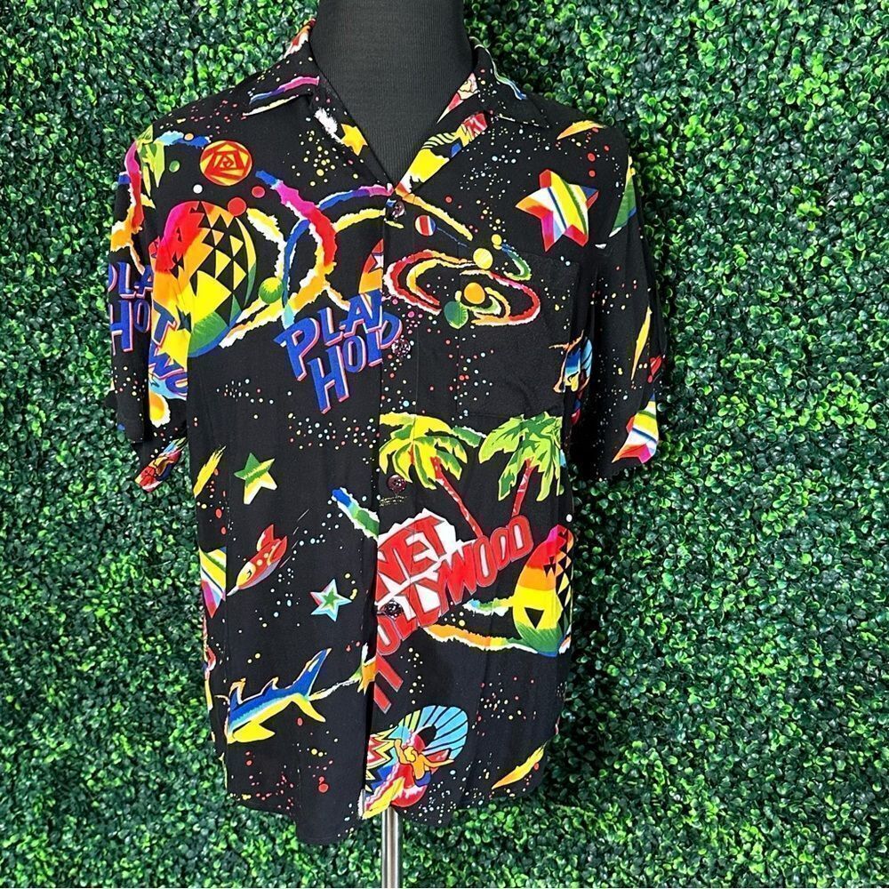 Vintage 90s Planet Hollywood Space Neon Island Jam World Button Down Shirt Sz S